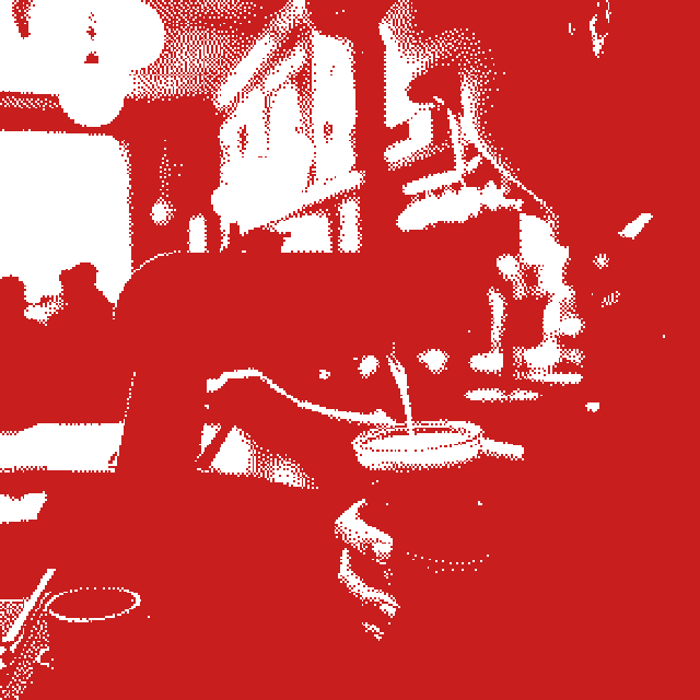 Barista pouring a coffee in a busy cafe, blue duotone halftone graphic