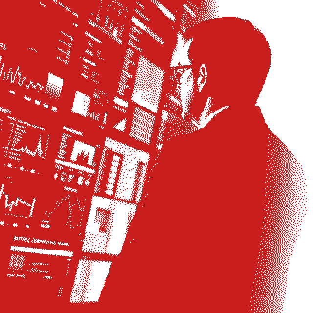 Director reviewing a wall of data dashboards, blue duotone halftone graphic